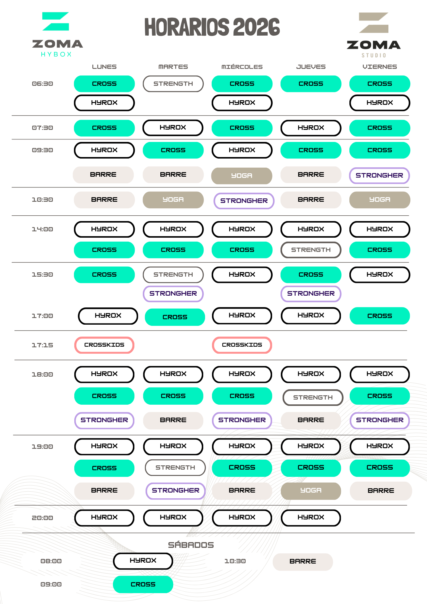 Horario semanal ZOMA Hybox y ZOMA Studio 2026