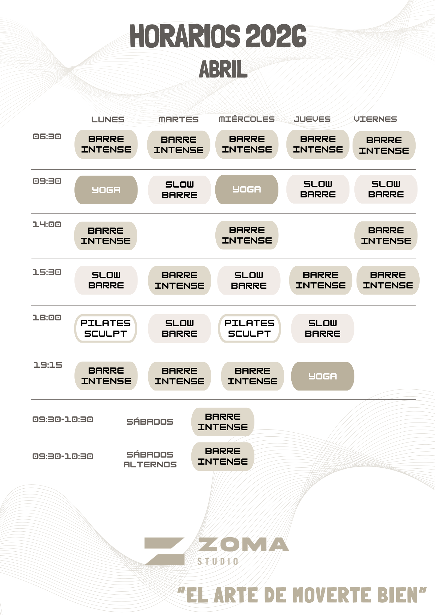 Horario actividades ZOMA Studio