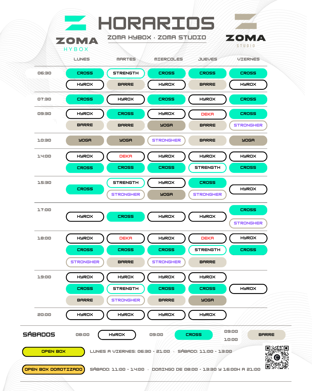Horario semanal ZOMA Hybox y ZOMA Studio 2026